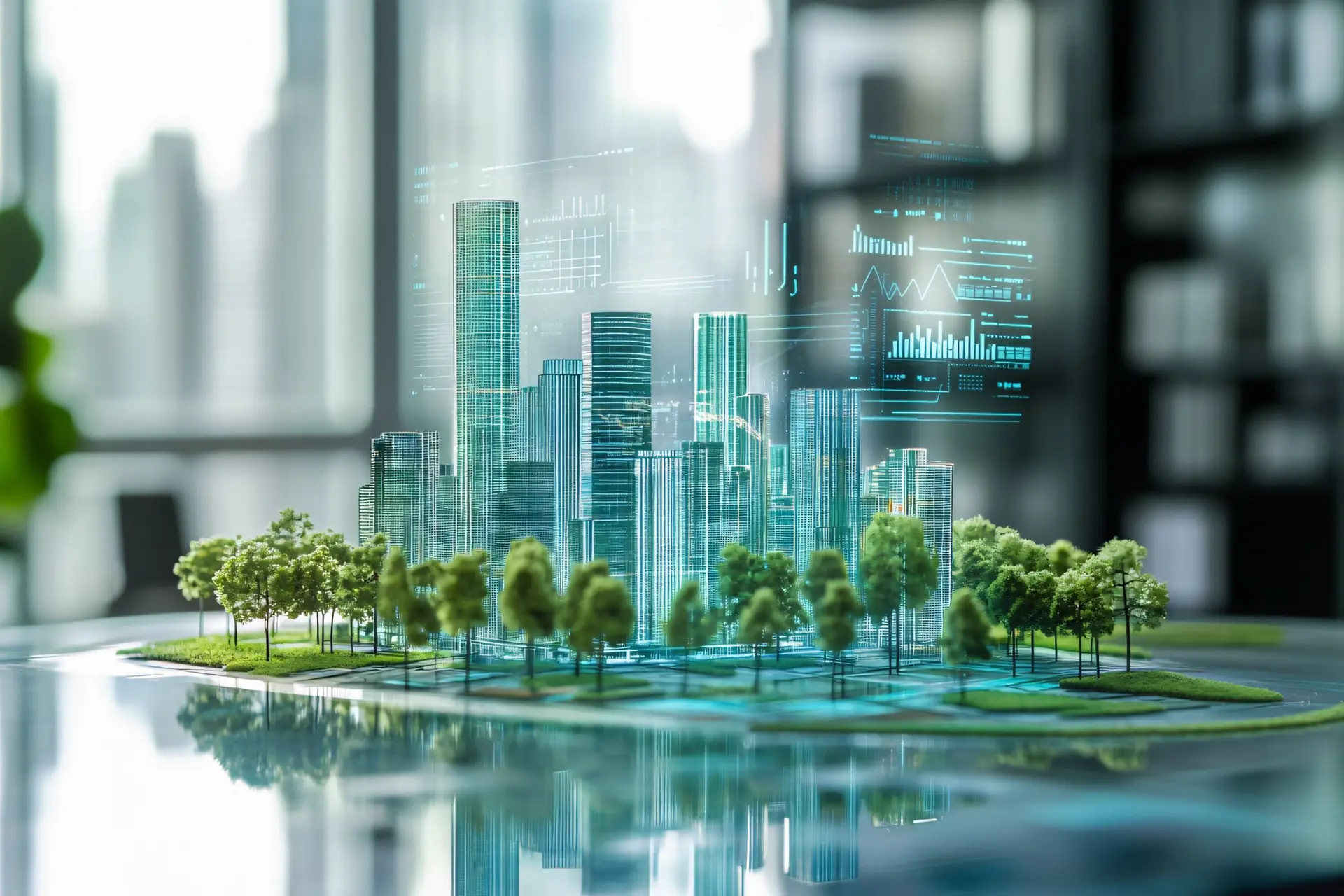 Scale model of a green city with live performance analytics projected above it