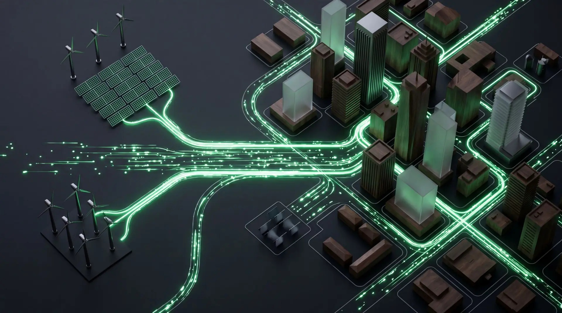 Renewable generation feeding a city through glowing green energy pathways