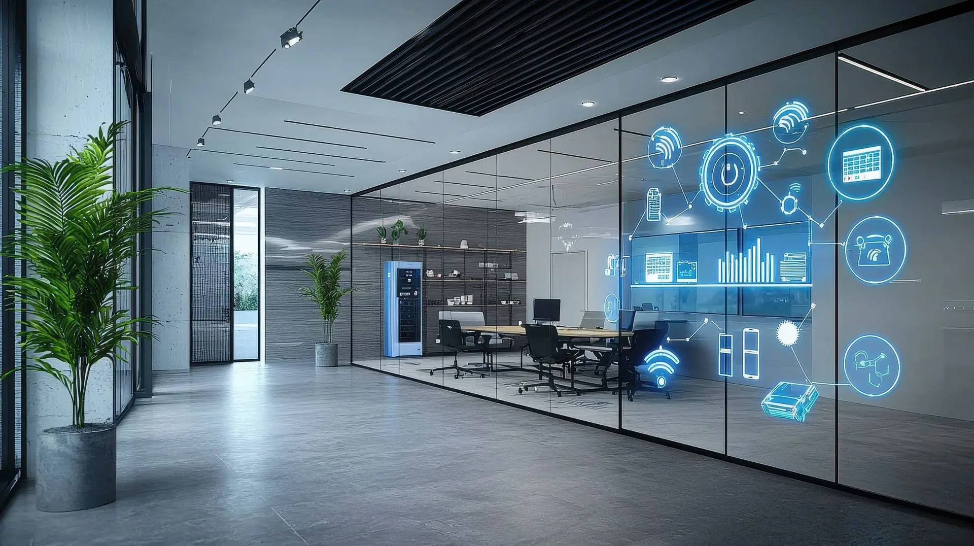 Modern glazed office interior with connected building-system data overlaid on the glass
