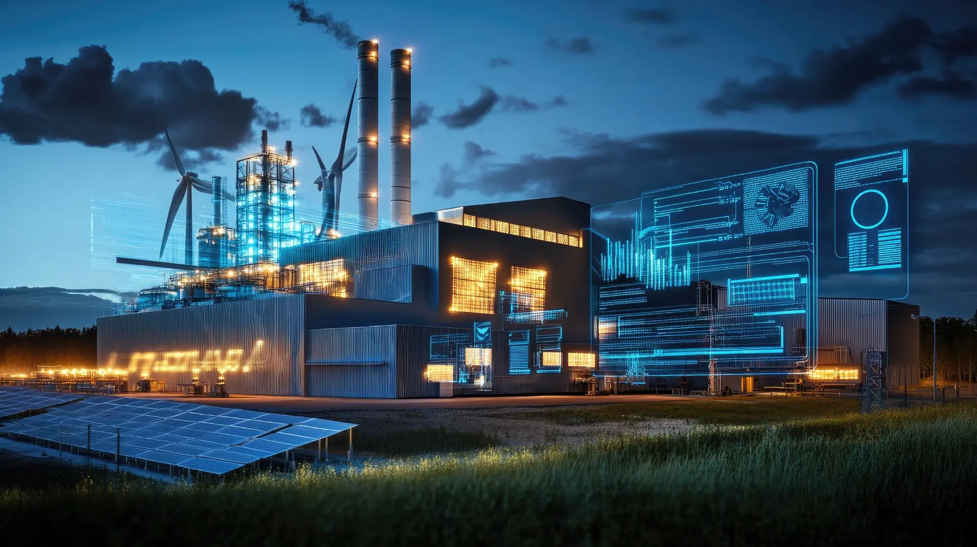 Industrial energy plant at dusk with a digital twin of its systems overlaid